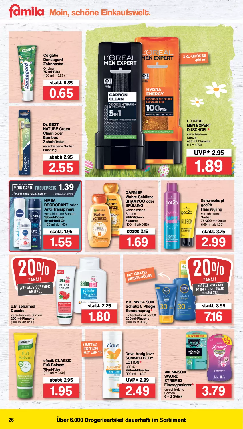 Aktueller Prospekt Famila - Prospekte - von 04.04 bis 09.04.2022 - strona 26 - produkty: auer, balsam, bambus, body, body lotion, bürste, colgate, deo, deodorant, dove, Dr. Best, dusche, duschgel, Efasit, einwegrasierer, eis, flasche, garnier, gin, got2b, L´Oréal, LG, Lotion, natur, nivea, nivea sun, pasta, rasierer, reis, schwarzkop, schwarzkopf, sebamed, shampoo, shampoo oder spülung, sonnenspray, spülung, Ti, Wahre Schätze, wilkinson, zahnbürste, zahnpasta