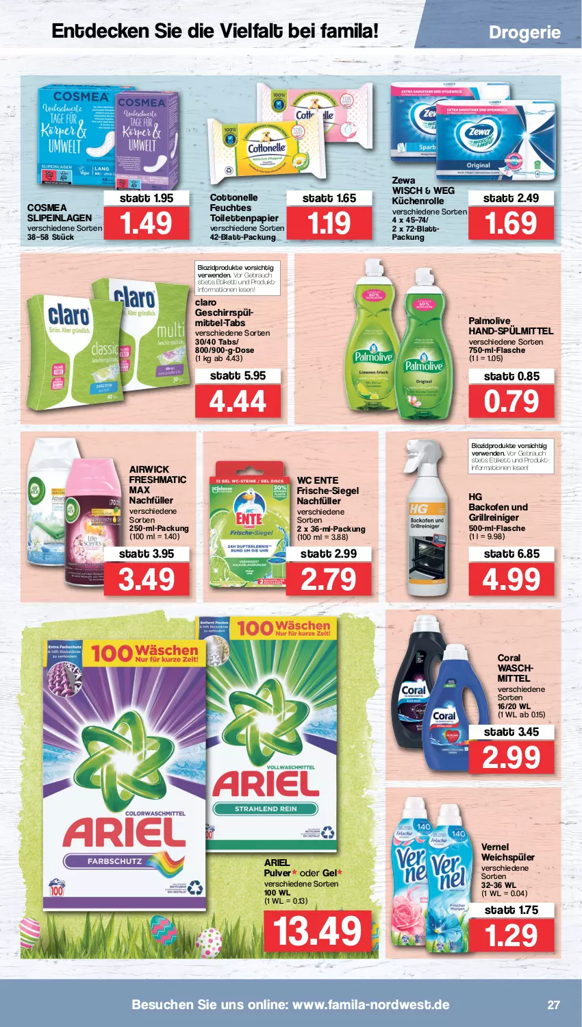 Aktueller Prospekt Famila - Prospekte - von 04.04 bis 09.04.2022 - strona 27 - produkty: airwick, ariel, backofen, backofen und, bio, biozidprodukte, Coral, cosmea, cottonelle, decke, elle, ente, feuchtes toilettenpapier, flasche, geschirr, grill, Grillreiniger, küche, Küchen, küchenrolle, Ofen, olive, palmolive, papier, Rauch, reiniger, rwe, slip, slipeinlagen, spülmittel, Ti, toilettenpapier, vernel, wc ente, weichspüler, WICK, zewa