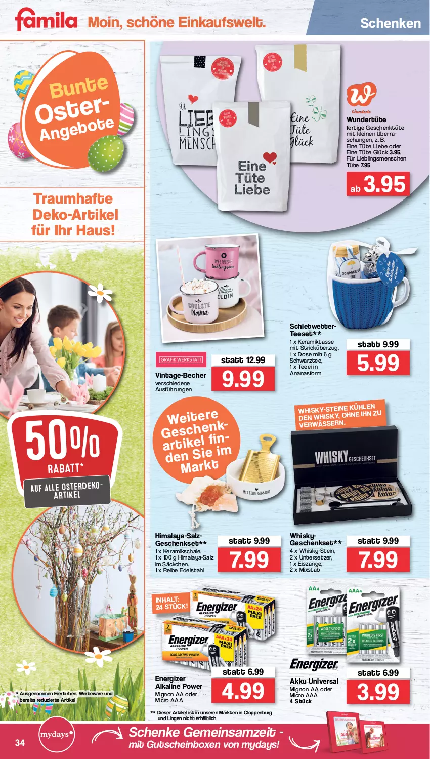 Aktueller Prospekt Famila - Prospekte - von 04.04 bis 09.04.2022 - strona 34 - produkty: akku, ananas, Becher, edelstahl, eier, eis, energizer, erde, geschenkset, gutschein, leine, mydays, salz, Schal, Schale, tasse, tee, Ti, Tüte, Untersetzer, whisky, ZTE