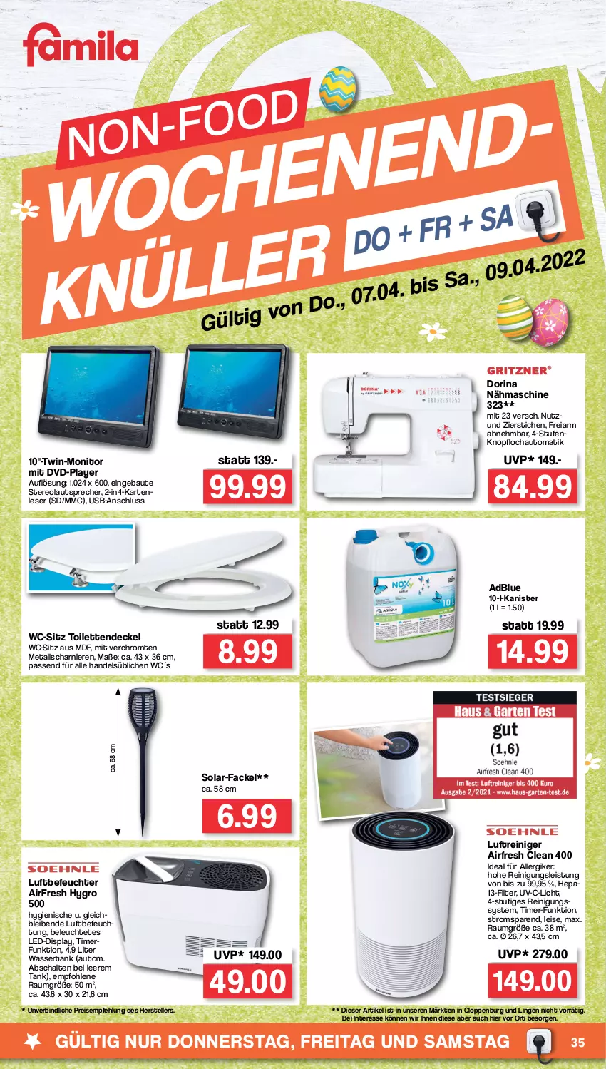 Aktueller Prospekt Famila - Prospekte - von 04.04 bis 09.04.2022 - strona 35 - produkty: adblue, auto, Bau, decke, Deckel, dorina, dvd, eis, elle, lautsprecher, Leuchte, Luftbefeuchter, Luftreiniger, monitor, Nähmaschine, passend für alle, reiniger, Reinigung, reis, Schal, teller, Ti, timer, usb, wasser, wassertank, wc-sitz