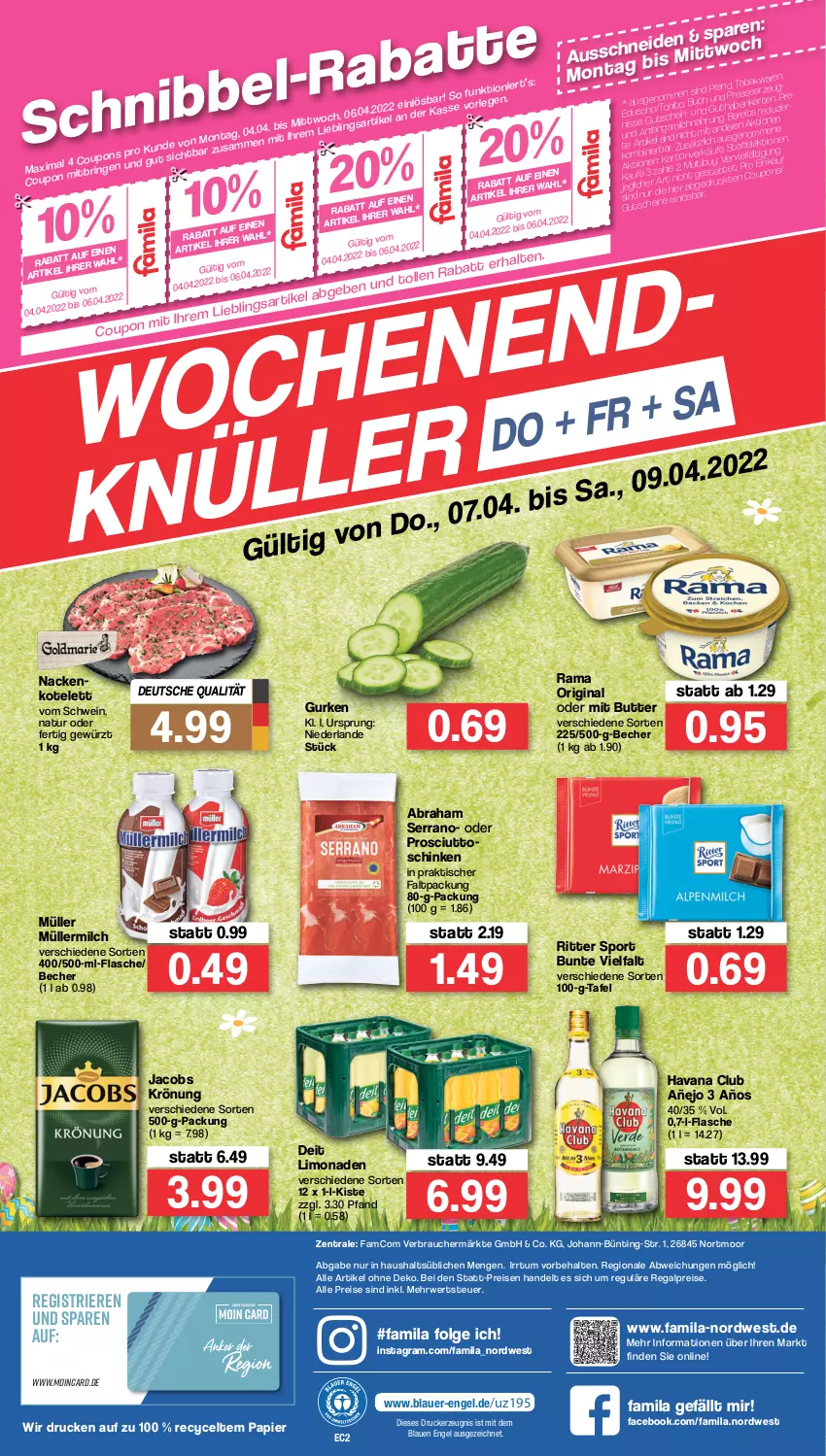 Aktueller Prospekt Famila - Prospekte - von 04.04 bis 09.04.2022 - strona 36 - produkty: auer, Becher, buch, butter, coupon, deit, drucker, eis, Engel, flasche, gewürz, gin, gurke, gurken, Havana Club, jacobs, jacobs krönung, kerze, kotelett, LG, limo, limonade, limonaden, milch, Müller, müllermilch, natur, papier, prosciutto, rama, Rauch, regal, reis, ring, ritter, ritter sport, rwe, schinken, schwein, serrano, Sport, Tchibo, Ti, tisch, wein