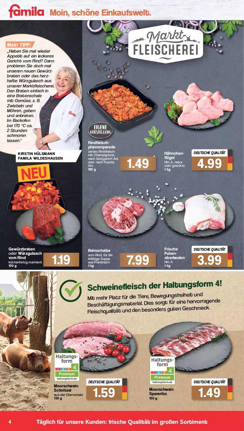 Aktueller Prospekt Famila - Prospekte - von 04.04 bis 09.04.2022 - strona 4 - produkty: backofen, bier, Biere, braten, champignon, champignons, eis, fleisch, Fleischerei, gewürz, gulasch, küche, Küchen, mac, mit gemüse, möhren, natur, Ofen, pfanne, pfannen, pute, Ria, rind, rindfleisch, Schal, Schale, Schere, schnitzel, schwein, schweine, schweinefleisch, spareribs, suppe, Ti, Tiere, wein, weine, Wild, zwiebel, zwiebeln