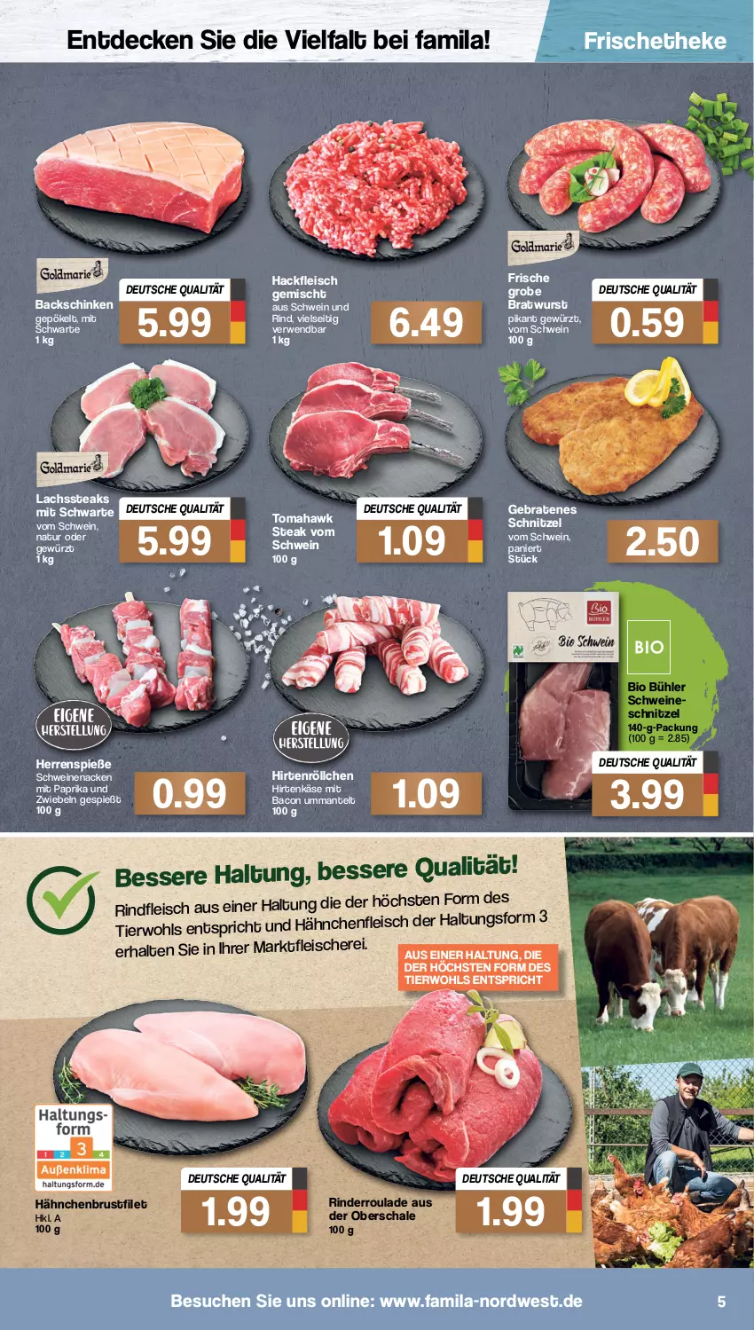 Aktueller Prospekt Famila - Prospekte - von 04.04 bis 09.04.2022 - strona 5 - produkty: bacon, bio, braten, bratwurst, brustfilet, decke, eis, filet, fleisch, Fleischerei, gewürz, grobe bratwurst, hackfleisch, hackfleisch gemischt, hähnchenbrust, hähnchenbrustfilet, hirtenkäse, Hirtenröllchen, Käse, lachs, Mantel, mit paprika, natur, paprika, rind, rinder, Rinderroulade, rindfleisch, rwe, Schal, Schale, Schere, schinken, schnitzel, schwein, schwein und rind, schweine, schweinenacken, steak, steaks, Ti, wein, weine, wurst, zwiebel, zwiebeln