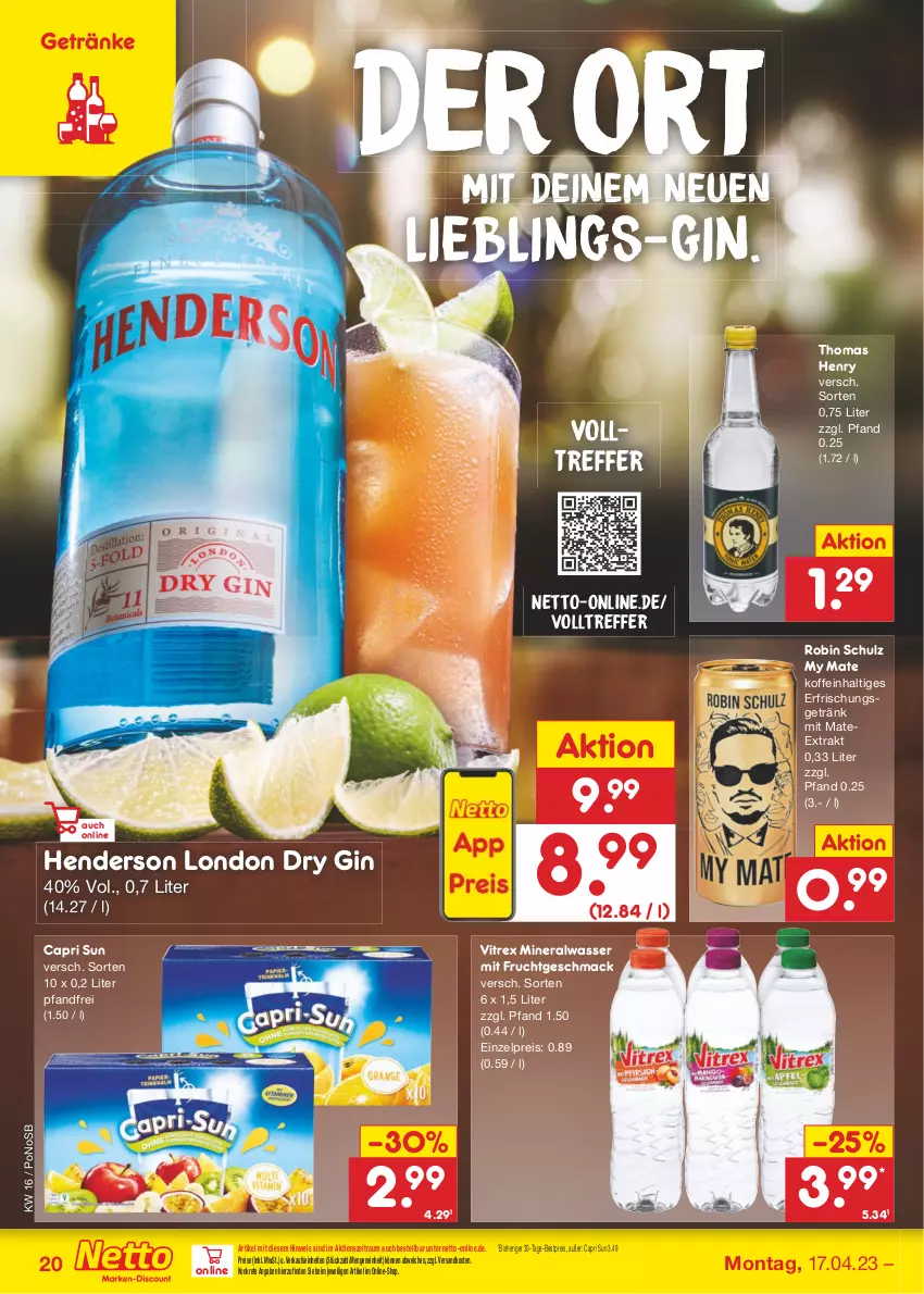 Aktueller Prospekt Netto Marken-Discount - Filial-Angebote - von 17.04 bis 22.04.2023 - strona 20 - produkty: Alwa, bestpreis, Cap, dry gin, eis, enders, erfrischungsgetränk, frucht, getränk, getränke, gin, london dry, london dry gin, mac, mineralwasser, mit frucht, ndk, reis, rezept, rezepte, tee, thomas henry, Ti, vitrex, wasser