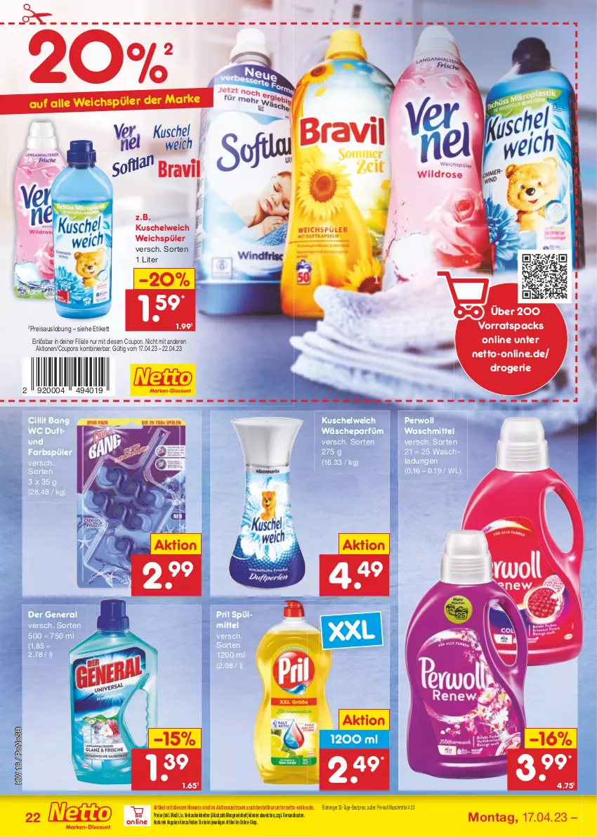 Aktueller Prospekt Netto Marken-Discount - Filial-Angebote - von 17.04 bis 22.04.2023 - strona 22 - produkty: bestpreis, Cillit, cillit bang, coupon, coupons, eis, Kuschelweich, ndk, perwoll, pril, reis, spülmittel, Ti, wäscheparfüm, waschmittel, weichspüler