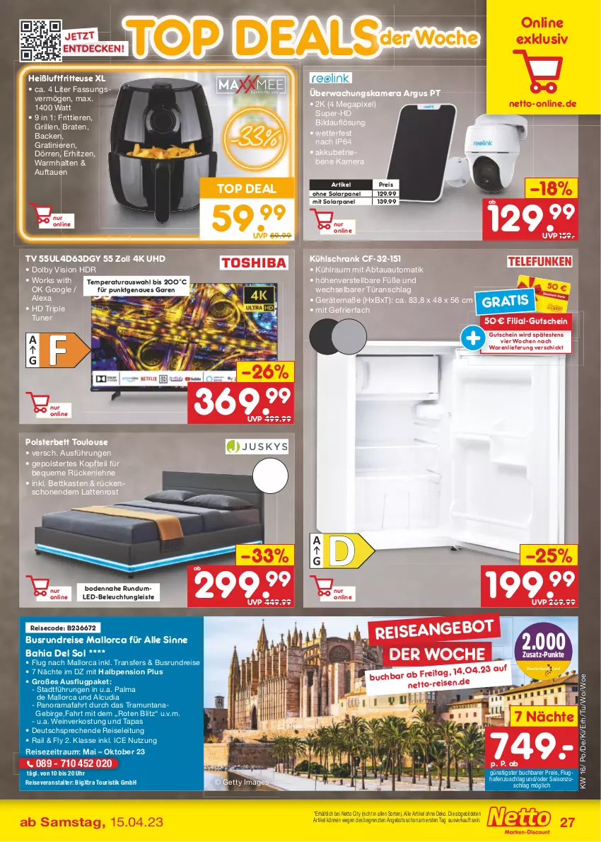 Aktueller Prospekt Netto Marken-Discount - Filial-Angebote - von 17.04 bis 22.04.2023 - strona 27 - produkty: abtauautomatik, akku, alexa, angebot, angebote, auto, beleuchtung, bett, bettkasten, braten, buch, decke, eis, fritteuse, gefrierfach, grill, gutschein, hd triple tuner, Heißluftfritteuse, kamera, kühlschrank, latte, lattenrost, led-beleuchtung, polsterbett, rama, reis, reiseveranstalter, rückenlehne, Schrank, Tapas, Ti, Tiere, tuner, uhd, uhr, wein, ZTE