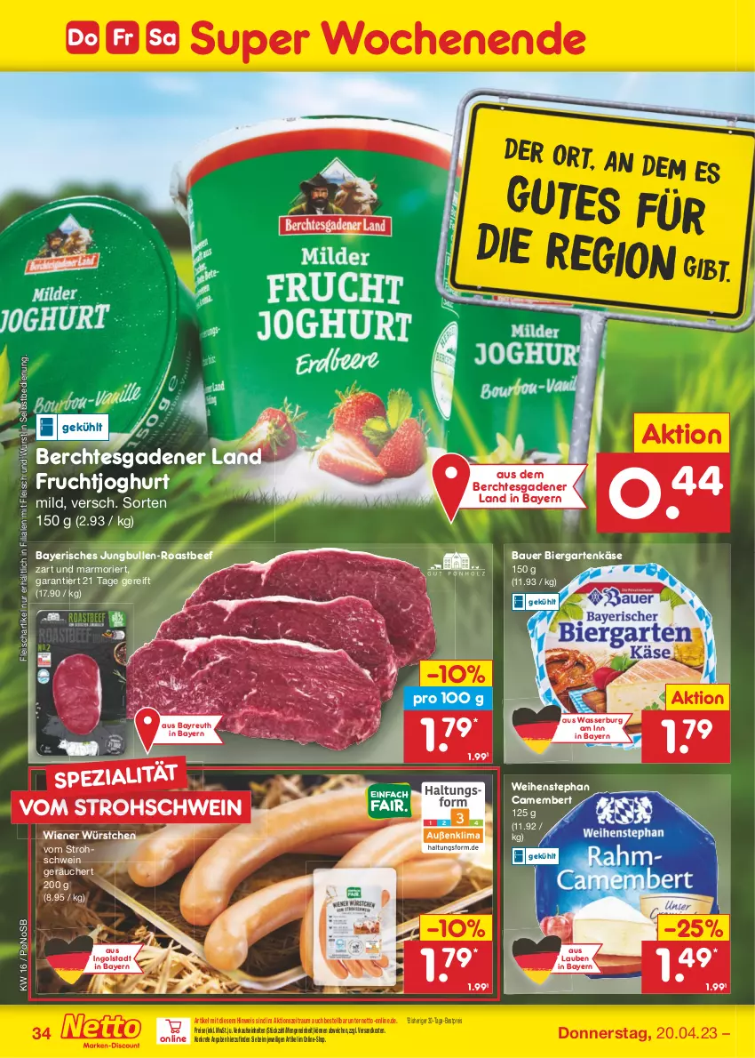 Aktueller Prospekt Netto Marken-Discount - Filial-Angebote - von 17.04 bis 22.04.2023 - strona 34 - produkty: auer, Bau, Bauer, beef, bestpreis, bier, camembert, eis, fleisch, frucht, fruchtjoghurt, Garten, joghur, joghurt, jungbullen, Käse, ndk, reis, roastbeef, schwein, Spezi, Ti, wasser, weihenstephan, wein, wiener, wiener würstchen, wurst, wurst in selbstbedienung, würstchen