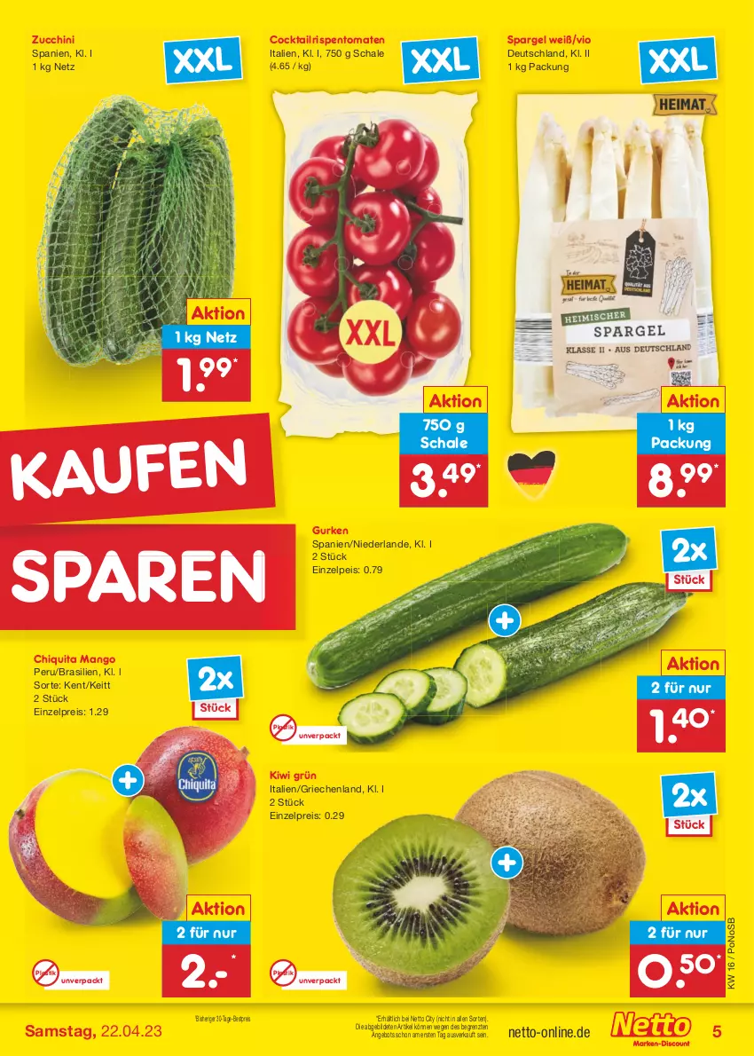 Aktueller Prospekt Netto Marken-Discount - Filial-Angebote - von 17.04 bis 22.04.2023 - strona 5 - produkty: angebot, asti, bestpreis, chiquita, cocktail, eis, gurke, gurken, kiwi, mango, reis, rispentomaten, Schal, Schale, spargel, Ti, tomate, tomaten, ZTE, zucchini