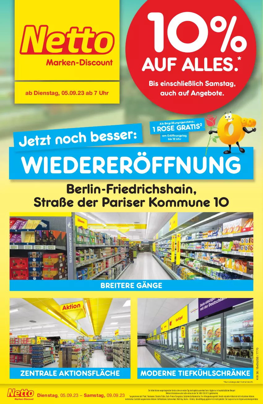 Aktueller Prospekt Netto Marken-Discount - Wiedereröffnung in deiner Nähe - von 05.09 bis 09.09.2023 - strona 1 - produkty: angebot, angebote, Brei, buch, coupon, eduscho, gin, guthabenkarte, gutschein, milch, Mode, Tchibo, Ti, uhr, ZTE