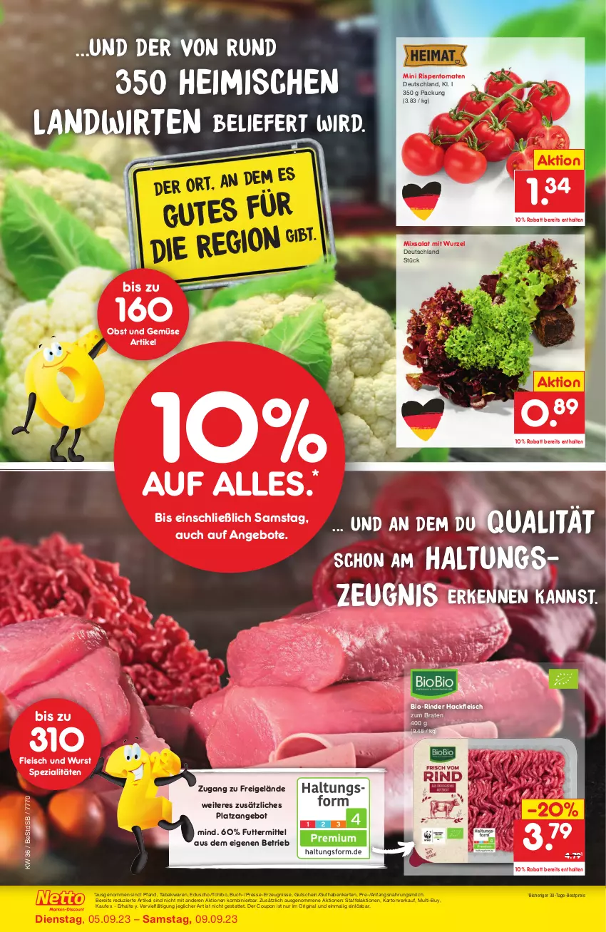 Aktueller Prospekt Netto Marken-Discount - Wiedereröffnung in deiner Nähe - von 05.09 bis 09.09.2023 - strona 2 - produkty: angebot, angebote, bestpreis, bio, braten, buch, coupon, eduscho, eis, fleisch, gin, guthabenkarte, gutschein, hackfleisch, milch, obst, Obst und Gemüse, reis, rind, rinder, rispentomaten, salat, Spezi, Tchibo, Ti, tomate, tomaten, und gemüse, wurst