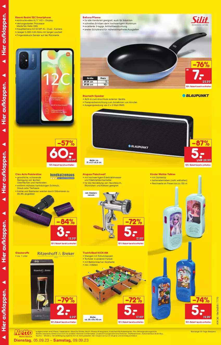 Aktueller Prospekt Netto Marken-Discount - Wiedereröffnung in deiner Nähe - von 05.09 bis 09.09.2023 - strona 5 - produkty: akku, auto, ball, batterie, bestpreis, Brei, buch, coupon, edelstahl, edelstahlmesser, eduscho, eis, elle, ente, erde, fleisch, freisprecheinrichtung, Fußball, gin, glaskaraffe, guthabenkarte, gutschein, hackfleisch, hauptkamera, herdarten, kamera, Karaffe, keks, kekse, Kinder, messer, milch, pfanne, Reinigung, reis, smartphone, Tchibo, Ti, tisch, würstchen