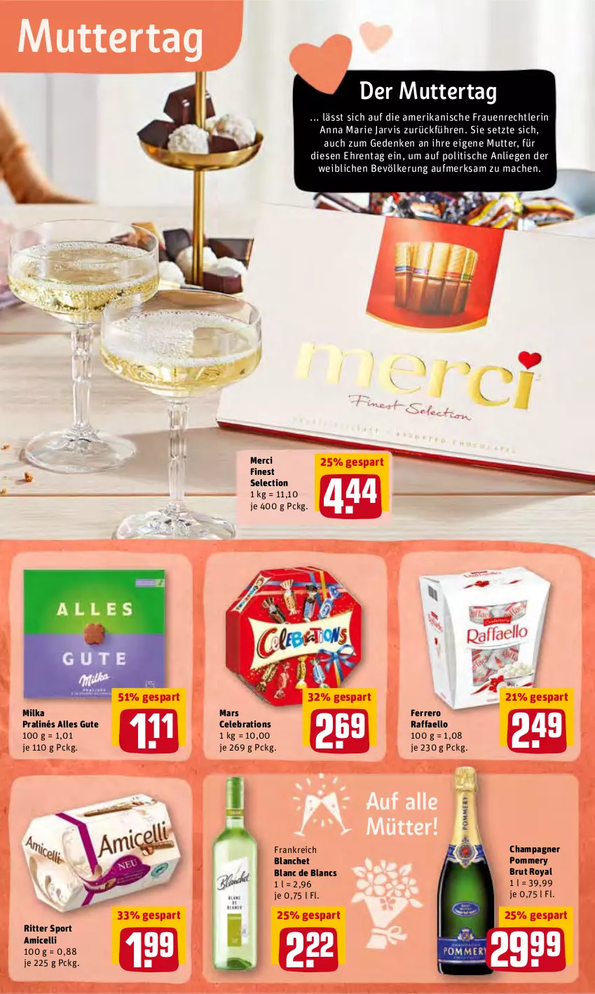 Aktueller Prospekt Rewe - Prospekte - von 02.05 bis 08.05.2022 - strona 13 - produkty: amicelli, brut, champagne, champagner, de blancs, ferrero, Liege, mac, mars, merci, milka, raffaello, ritter, ritter sport, Sport, Ti, tisch, ZTE