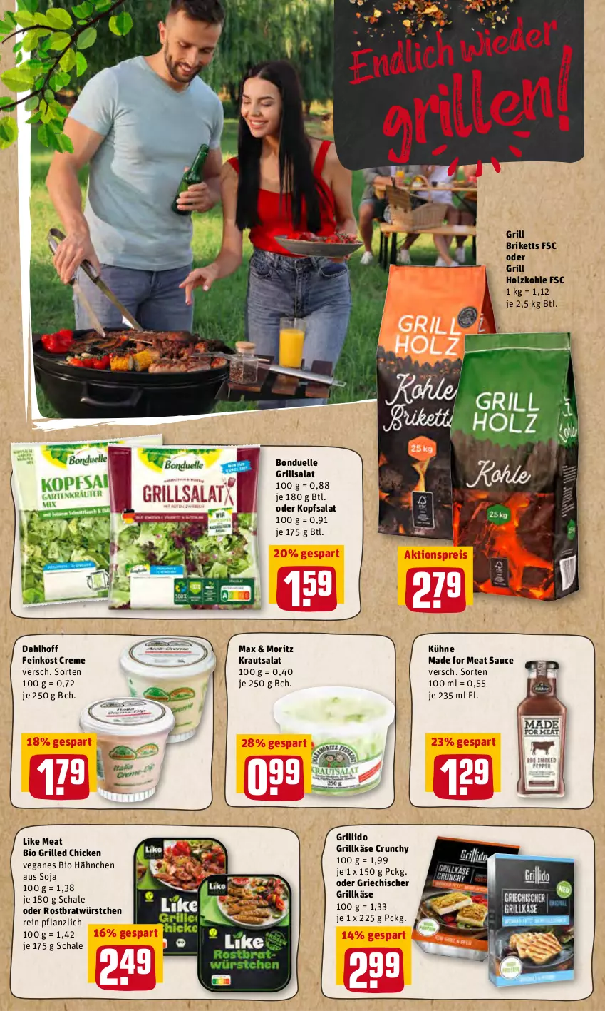 Aktueller Prospekt Rewe - Prospekte - von 02.05 bis 08.05.2022 - strona 16 - produkty: aktionspreis, bio, bonduelle, briketts, creme, eis, elle, feinkost, grill, Grillkäse, Holz, holzkohle, Käse, kopfsalat, Kraut, krautsalat, Kühne, Like Meat, reis, salat, sauce, Schal, Schale, soja, Ti, würstchen