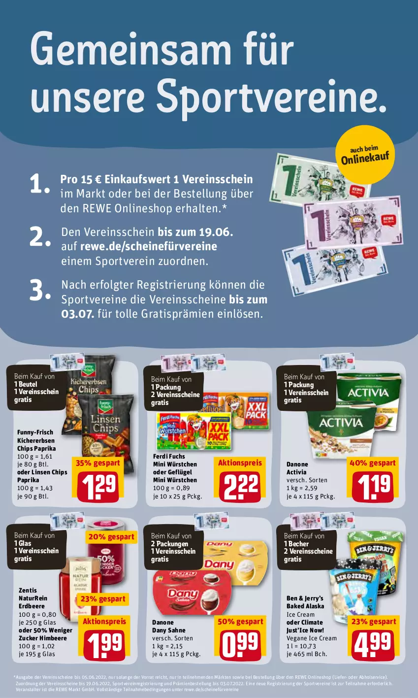 Aktueller Prospekt Rewe - Prospekte - von 02.05 bis 08.05.2022 - strona 18 - produkty: activia, aktionspreis, Becher, beere, beutel, chips, danone, danone activia, Dany, dany sahne, eis, erbsen, erdbeere, ferdi fuchs, funny-frisch, Geflügel, himbeer, himbeere, kichererbsen, Kichererbsen Chips, LG, linsen, natur, paprika, reis, sahne, Sport, Ti, würstchen, zentis, zucker