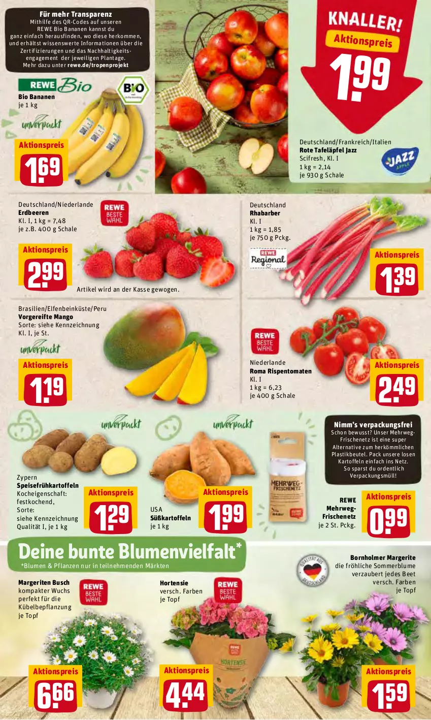 Aktueller Prospekt Rewe - Prospekte - von 02.05 bis 08.05.2022 - strona 2 - produkty: aktionspreis, asti, banane, bananen, beere, beeren, beutel, bio, blume, blumen, Cif, eis, erdbeere, erdbeeren, Frühkartoffeln, hortensie, kartoffel, kartoffeln, mango, pflanze, pflanzen, reis, rewe bio, rhabarber, rispentomaten, rote tafeläpfel, rwe, Schal, Schale, speisefrühkartoffeln, Süßkartoffeln, tafeläpfel, Ti, tomate, tomaten, topf