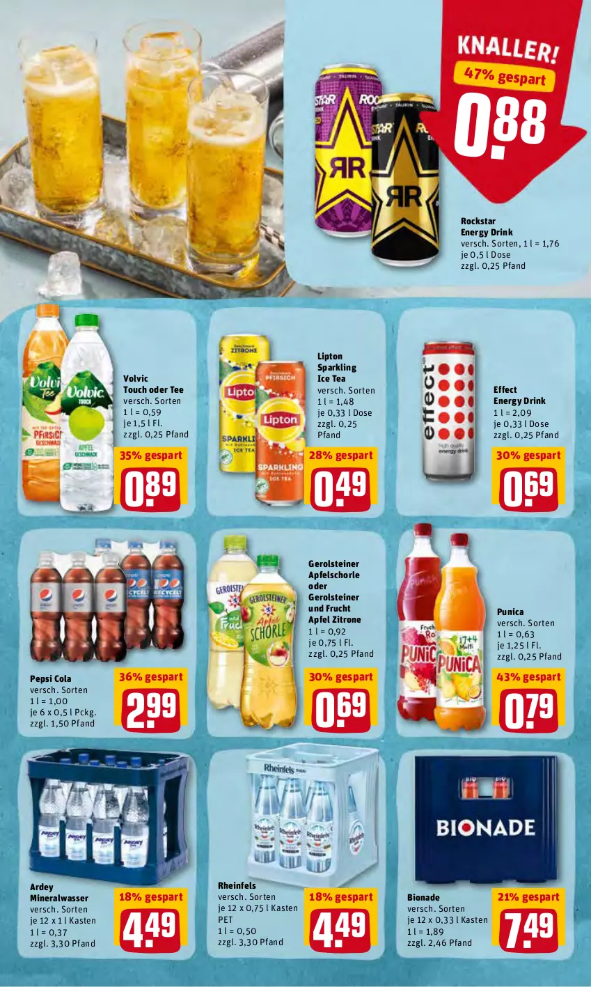 Aktueller Prospekt Rewe - Prospekte - von 02.05 bis 08.05.2022 - strona 22 - produkty: Alwa, apfel, Apfelschorle, bio, bionade, cola, drink, Effect, energy drink, frucht, gerolsteine, gerolsteiner, ice tea, lipton, mineralwasser, pepsi, Pepsi Cola, punica, Rockstar, schorle, steiner, tee, volvic, wasser, zitrone