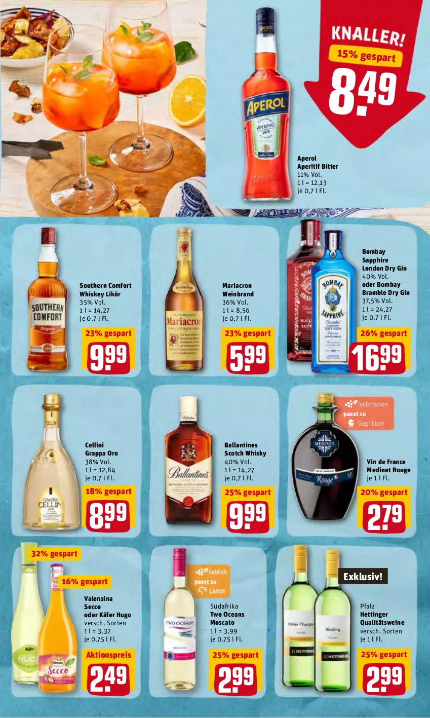 Aktueller Prospekt Rewe - Prospekte - von 02.05 bis 08.05.2022 - strona 23 - produkty: aktionspreis, aperitif, aperol, ball, bombay sapphire, dry gin, ecco, eis, gin, grappa, grill, hugo, käfer, likör, london dry, london dry gin, mariacron, medinet, qualitätswein, qualitätsweine, reis, Ria, rouge, sapphire, scotch, scotch whisky, Southern Comfort, Ti, valensina, vin de france, wein, weinbrand, weine, whiskey, whisky