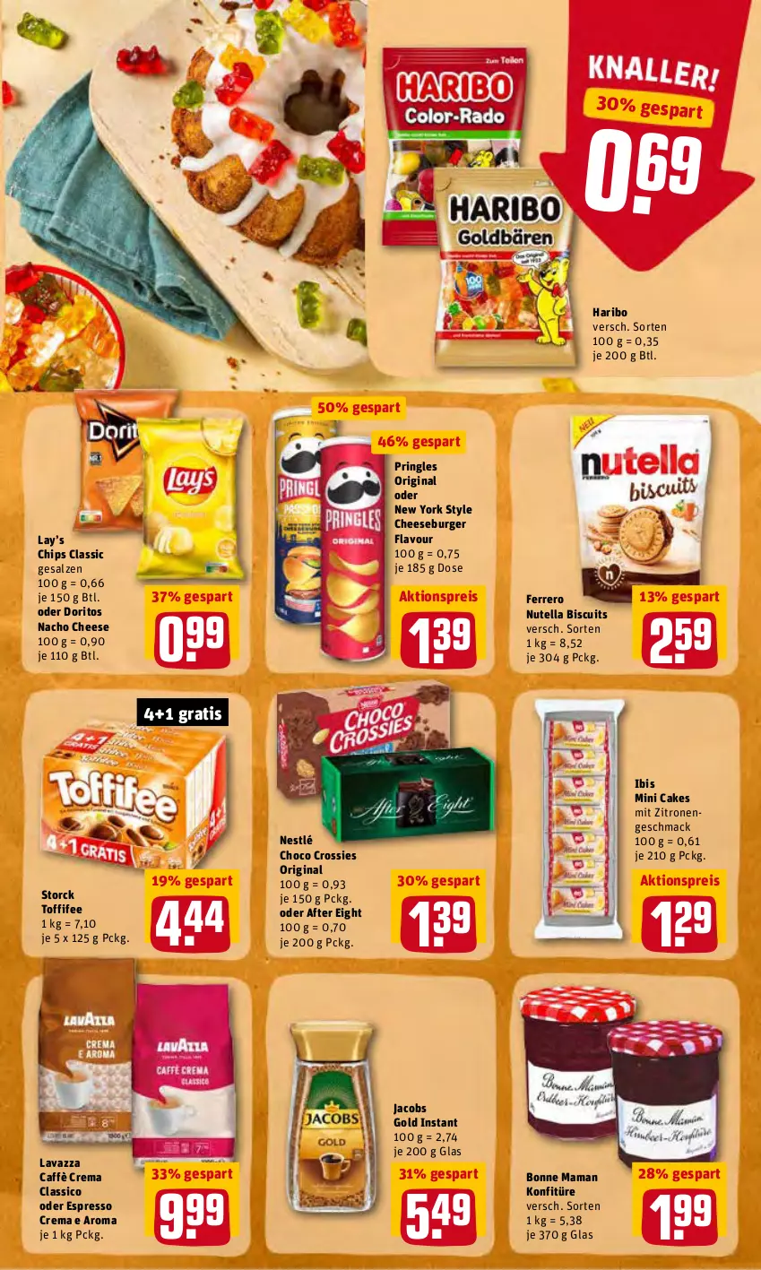 Aktueller Prospekt Rewe - Prospekte - von 02.05 bis 08.05.2022 - strona 27 - produkty: after eight, aktionspreis, bonne maman, burger, caffè crema, chips, choco crossies, classico, crossies, Doritos, eis, espresso, ferrero, gin, haribo, jacobs, Jacobs Gold, konfitüre, lavazza, mac, mam, nacho, nacho cheese, nestlé, nutella, oder espresso, pringles, reis, ring, salz, storck, Ti, toffifee, Yo, zitrone, zitronen