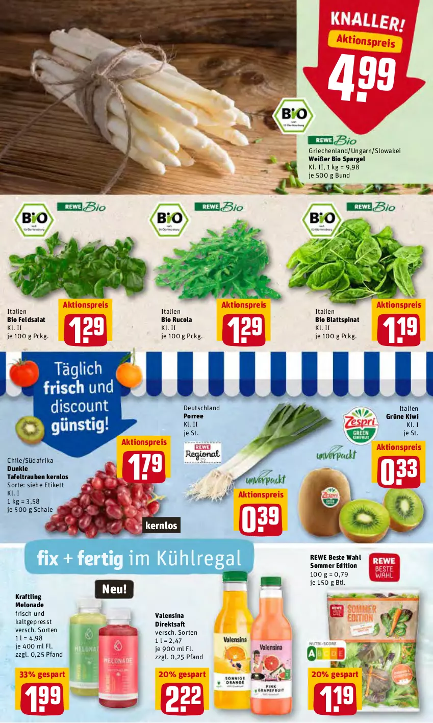 Aktueller Prospekt Rewe - Prospekte - von 02.05 bis 08.05.2022 - strona 3 - produkty: aktionspreis, bio, blattspinat, cola, direktsaft, eis, feldsalat, kiwi, kraft, kühlregal, regal, reis, rewe beste wahl, rucola, saft, salat, Schal, Schale, spargel, spinat, tafeltrauben, Ti, trauben, valensina