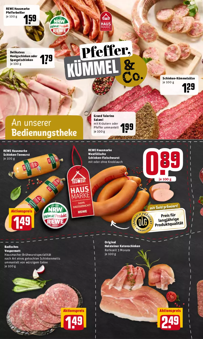 Aktueller Prospekt Rewe - Prospekte - von 02.05 bis 08.05.2022 - strona 6 - produkty: aktionspreis, Bad, Brühwurst, eis, fleisch, fleischwurst, gelee, gin, Hausmacher, hausmarke, holsteiner, honig, katenschinken, knoblauch, kräuter, kräutern, mac, Mantel, Mett, mit oder ohne knoblauch, pfeffer, Pfefferbeißer, reis, rewe hausmarke, salami, schinken, spargel, spargelschinken, Spezi, steiner, tee, teewurst, Ti, wurst