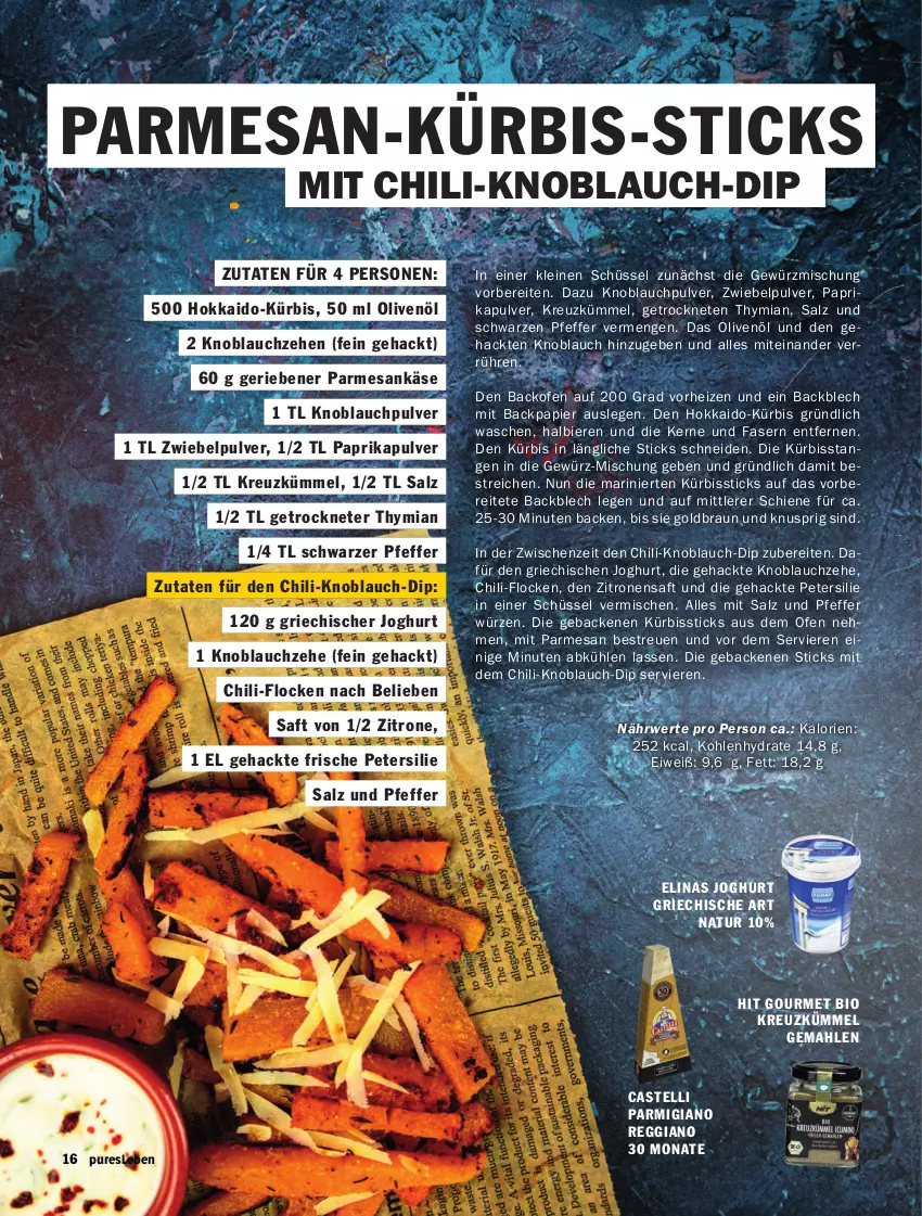 Aktueller Prospekt Hit - pures Leben - von 01.10 bis 31.12.2024 - strona 16 - produkty: backofen, bier, Biere, bio, braun, chili, dip, elinas, elinas joghurt, geback, gewürz, Gewürzmischung, Griechischer Joghurt, HP, joghur, joghurt, Käse, knoblauch, Kürbis, leine, natur, Ofen, olive, oliven, olivenöl, papier, paprika, parmigiano, parmigiano reggiano, petersilie, pfeffer, reggiano, rwe, saft, salz, schüssel, Ti, zitrone, zitronen, zitronensaft, zwiebel