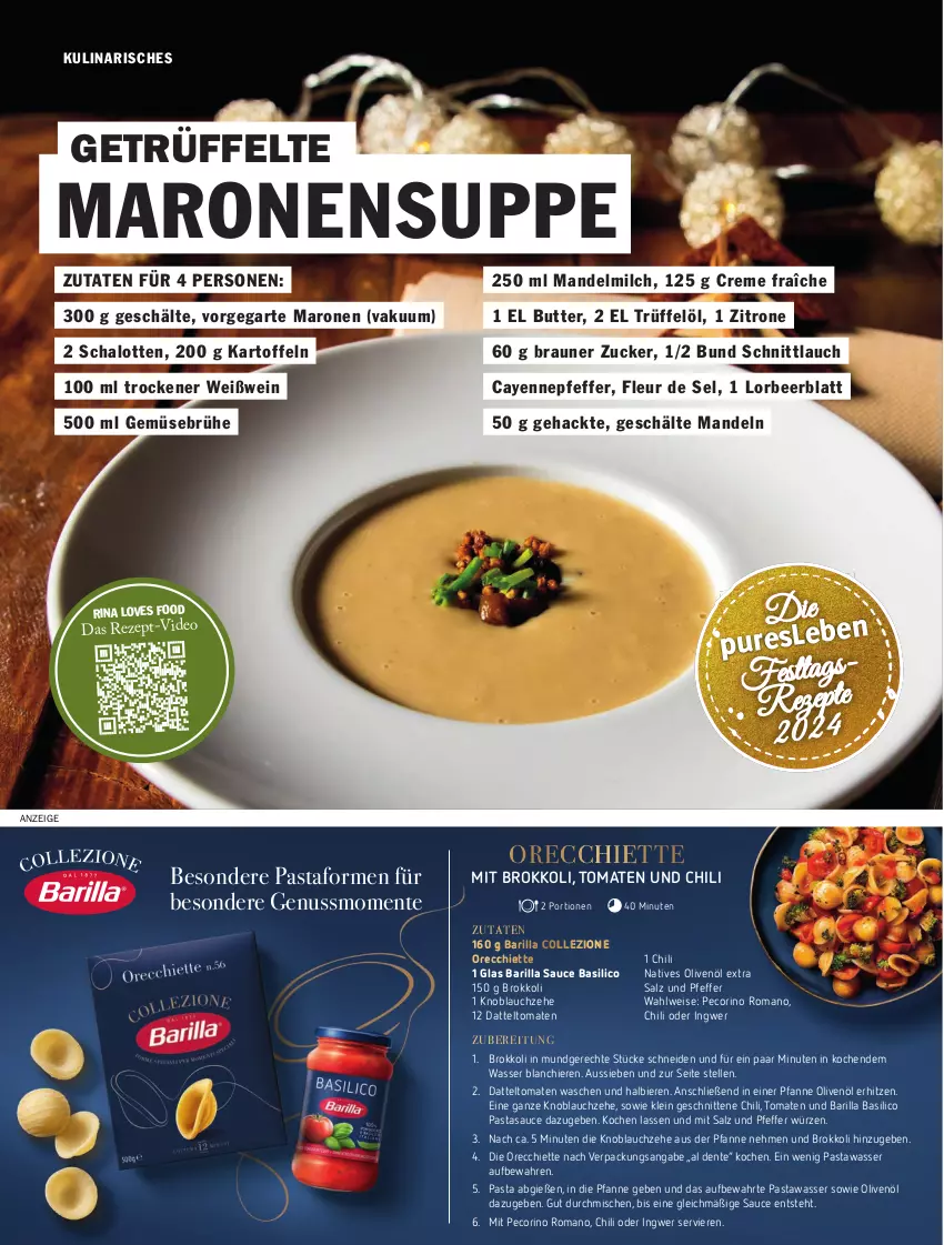 Aktueller Prospekt Hit - pures Leben - von 01.10 bis 31.12.2024 - strona 26 - produkty: barilla, basilico, bier, Biere, braun, brokkoli, Brühe, butter, chili, creme, datteltomaten, deo, eis, elle, ente, Gemüsebrühe, ingwer, kartoffel, kartoffeln, knoblauch, mandel, mandeln, milch, natives olivenöl, nuss, olive, oliven, olivenöl, olivenöl extra, pasta, Pecorino, pfanne, pfeffer, rezept, salz, sauce, Schal, Schalotte, schnitten, schnittlauch, suppe, Ti, tomate, tomaten, Trüffel, wasser, wein, Weißwein, zitrone, zucker