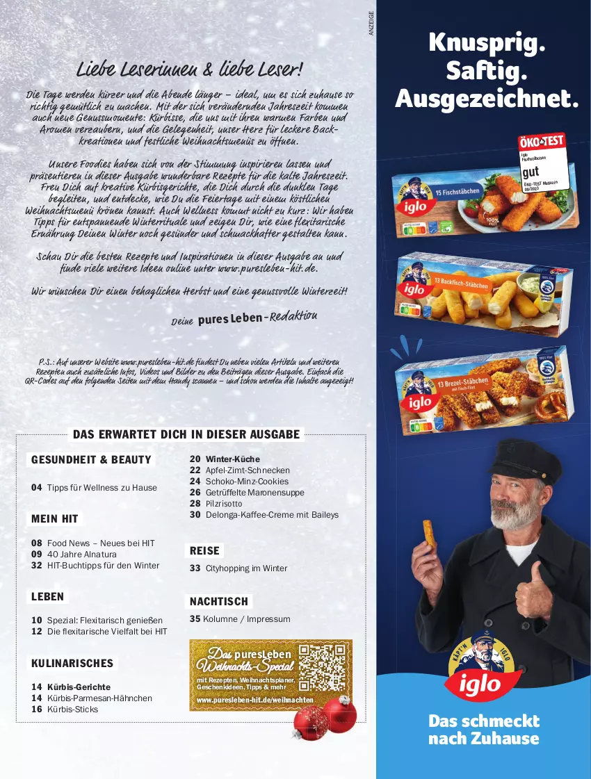 Aktueller Prospekt Hit - pures Leben - von 01.10 bis 31.12.2024 - strona 3 - produkty: apfel, baileys, buch, cookie, cookies, creme, decke, deo, eier, eis, ente, erde, fisch, fischstäbchen, Gesundheit, Handy, iglo, kaffee, küche, Kürbis, LG, mac, natur, natura, nuss, reis, rezept, rezepte, risotto, saft, schoko, Spezi, suppe, Ti, Tiere, tisch, Trüffel, weihnachten