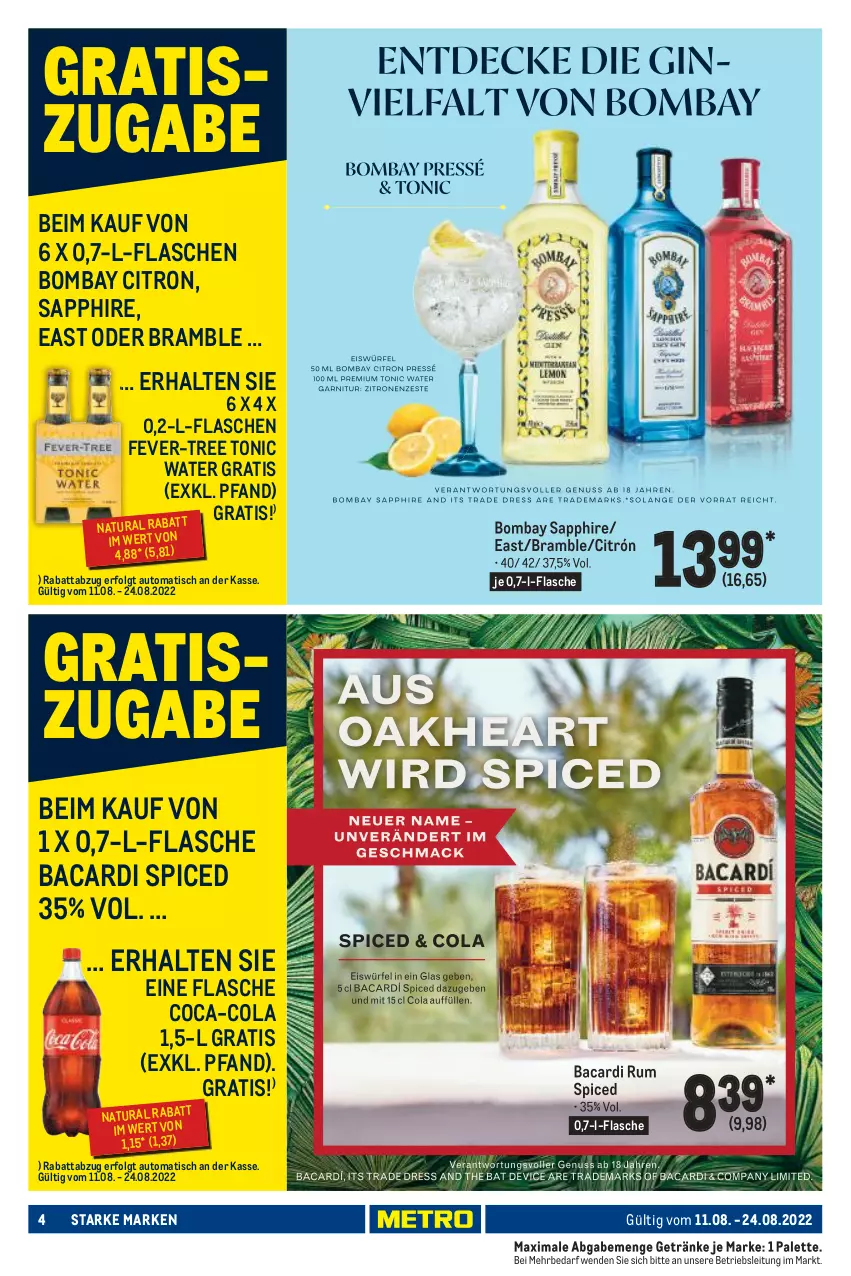 Aktueller Prospekt Metro - Starke Marken - von 11.08 bis 24.08.2022 - strona 4 - produkty: auto, bacardi, bacardi rum, bombay sapphire, coca-cola, cola, fever-tree, flasche, getränk, getränke, LG, natur, natura, Palette, rum, sapphire, Ti, tisch, tonic, tonic water