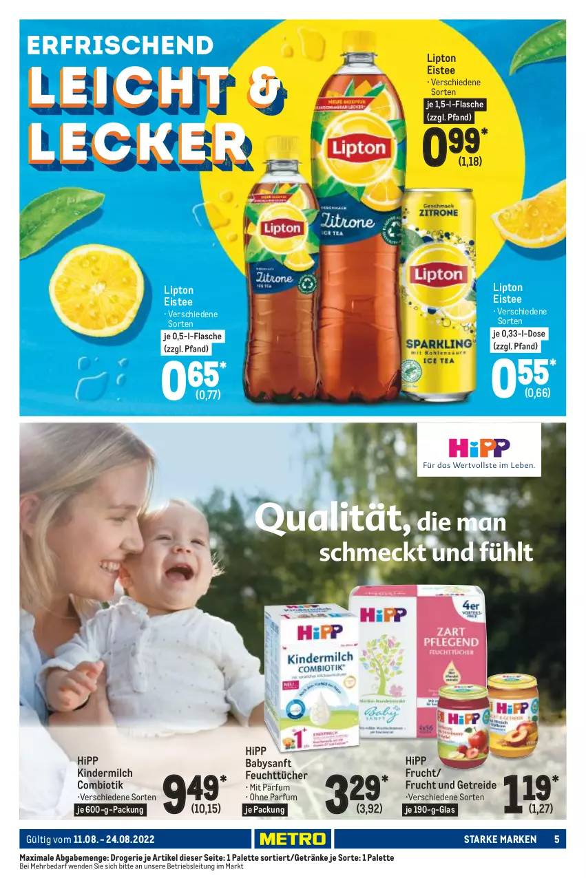 Aktueller Prospekt Metro - Starke Marken - von 11.08 bis 24.08.2022 - strona 5 - produkty: bio, eis, eistee, feuchttücher, flasche, frucht, getränk, getränke, hipp, Kinder, kindermilch, lipton, milch, Palette, parfum, tee, Ti, tücher