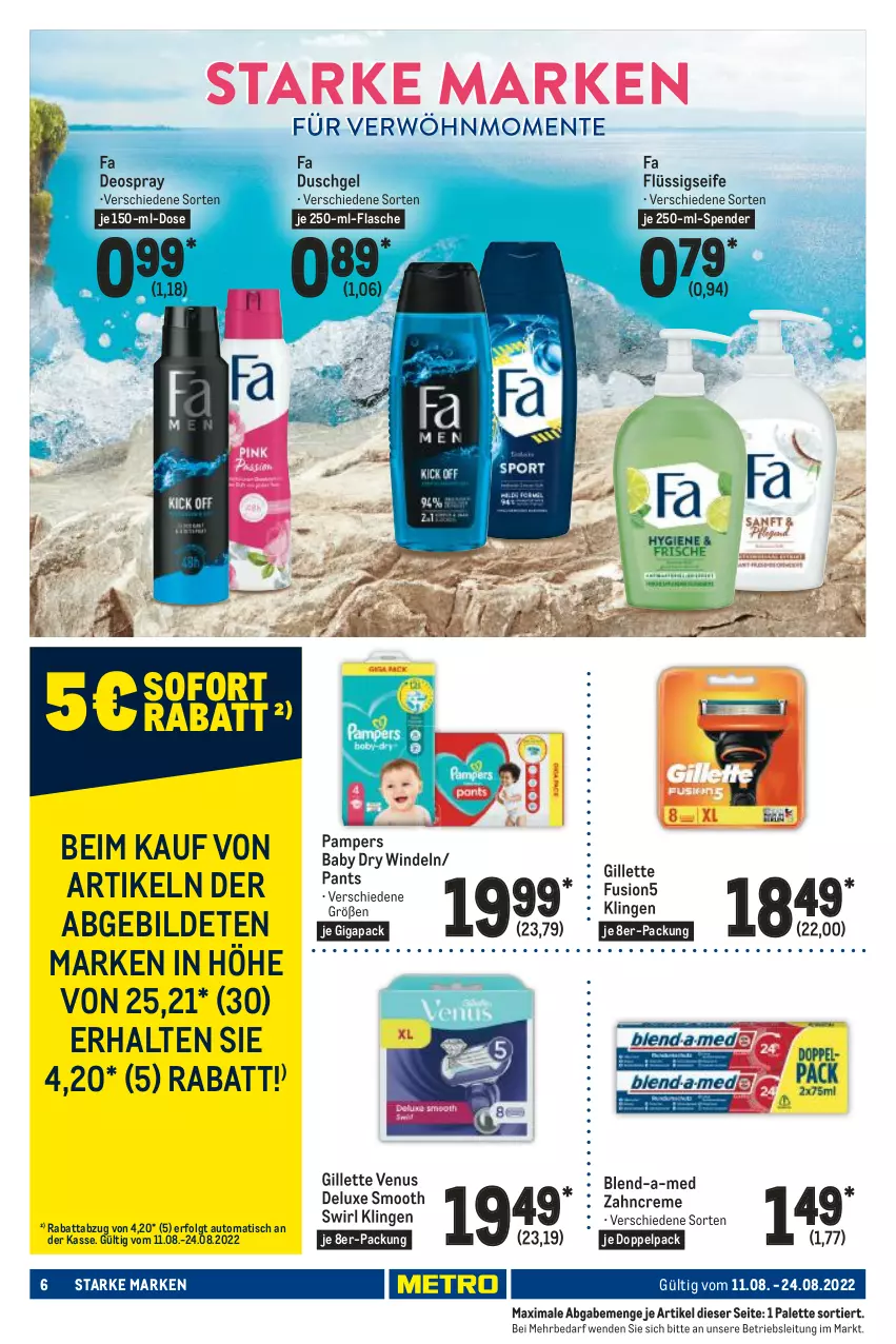 Aktueller Prospekt Metro - Starke Marken - von 11.08 bis 24.08.2022 - strona 6 - produkty: auto, blend-a-med, creme, deo, deospray, duschgel, fa duschgel, flasche, flüssigseife, fusion5, gillette, gillette venus, LG, Palette, pampers, pampers baby dry, Pants, Seife, swirl, Ti, tisch, venus, windeln, zahncreme