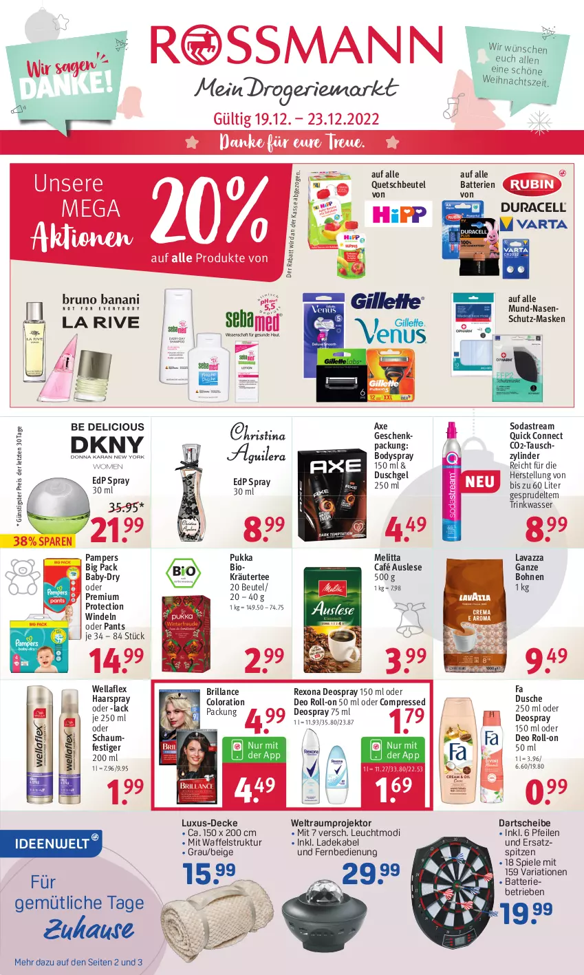 Aktueller Prospekt Rossmann - Prospekte - von 19.12 bis 23.12.2022 - strona 1 - produkty: axe, baby-dry, batterie, batterien, beutel, bio, body, bodyspray, bohne, bohnen, brillance, decke, deka, deo, deo roll-on, deospray, deospray 150 ml, dusche, duschgel, edp spray, eis, fernbedienung, geschenkpackung, haarspray, kräuter, lack, ladekabel, lavazza, lavazza ganze bohne, Maske, melitta, oder deo roll-on, oder deospray, oder schaumfestiger, pampers, Pants, Projektor, quetschbeutel, reis, rexona, Ria, roll-on, schaumfestiger, Soda, sodastream, Spiele, Sprudel, tee, Ti, wasser, Wella, wellaflex, windeln, windeln oder pants, ZTE