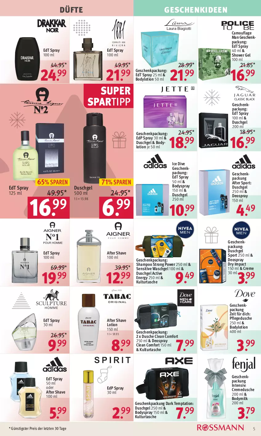 Aktueller Prospekt Rossmann - Prospekte - von 19.12 bis 23.12.2022 - strona 5 - produkty: after shave, body, bodylotion, Bodymilk, bodyspray, creme, cremedusche, deo, deospray, deospray 150 ml, dusche, duschgel, edp spray, edt spray, eis, geschenkpackung, laura biagiotti, Lotion, pflegedusche, reis, shampoo, spartipp, Sport, Tasche, Ti, waschgel, ZTE