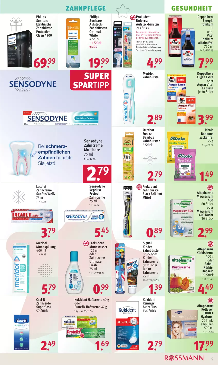 Aktueller Prospekt Rossmann - Prospekte - von 19.12 bis 23.12.2022 - strona 9 - produkty: akku, alkohol, Altapharma, aufsteckbürsten, bambus, bonbons, bürste, bürsten, cola, creme, doppelherz, eis, elektrische zahnbürste, Gesundheit, Haftcreme, hyaluron, Kinder, Kollagen, Kukident, Kürbis, kürbiskerne, Lacalut, lack, magnesium, magnesium 400, meridol, mundspülung, mundwasser, oral-b, Philips, Prokudent, reiniger, Ricola, sensodyne, Signal, sonicare, spartipp, spülung, Ti, vita, wasser, zahnbürste, zahnbürsten, zahncreme, Zahnseide, ZTE, zucker