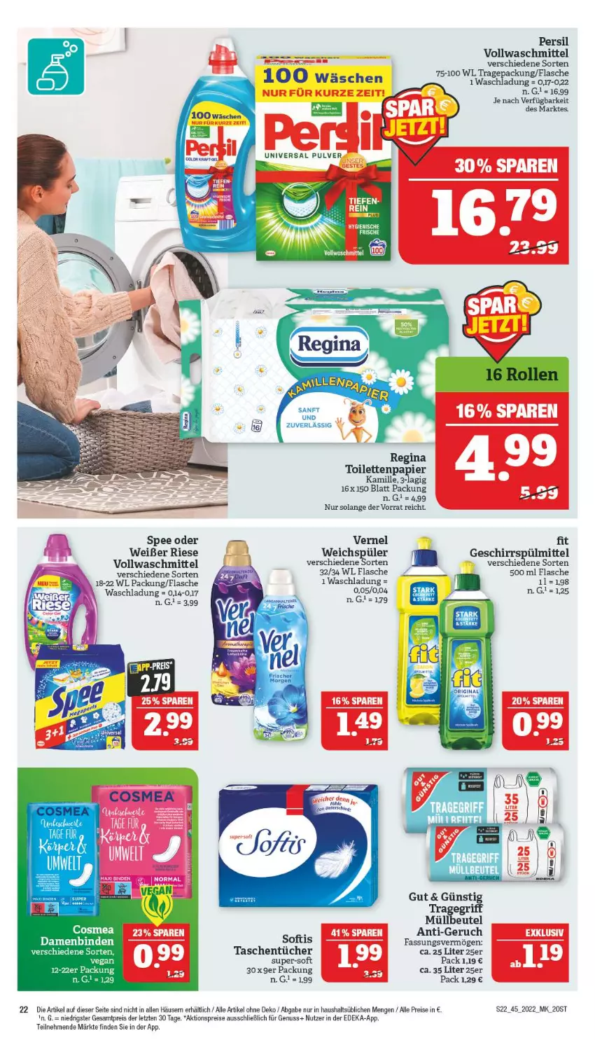 Aktueller Prospekt Marktkauf - Prospekt - von 06.11 bis 12.11.2022 - strona 26 - produkty: aktionspreis, beutel, binden, cosmea, Damenbinden, deka, eis, flasche, geschirr, geschirrspülmittel, Kamill, kamille, müllbeutel, nuss, papier, persil, reis, spee, spülmittel, Tasche, taschen, taschentücher, Ti, toilettenpapier, tragegriff, tücher, vernel, vollwaschmittel, waschmittel, ZTE