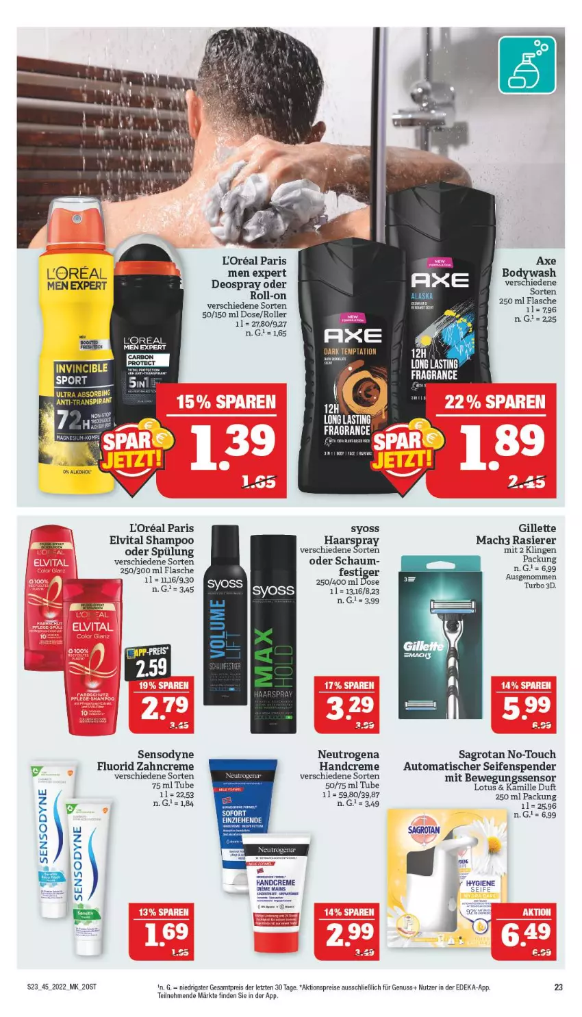 Aktueller Prospekt Marktkauf - Prospekt - von 06.11 bis 12.11.2022 - strona 27 - produkty: aktionspreis, alkohol, asti, auto, axe, Bewegungssensor, creme, deka, deo, deospray, eis, elvital, flasche, gillette, haarspray, handcreme, Kamill, kamille, mac, mach3, neutrogena, nuss, rasierer, reis, roll-on, Roller, sagrotan, Seife, seifenspender, sensodyne, sensodyne fluorid, shampoo, shampoo oder spülung, spülung, syoss, Ti, tisch, vita, Yo, zahncreme, ZTE