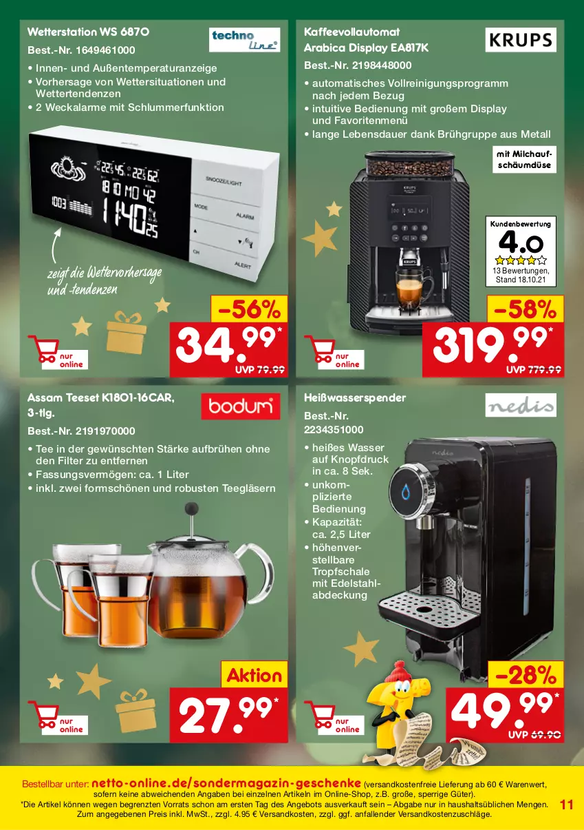 Aktueller Prospekt Netto Marken-Discount - Online-SondermagazinWinter - von 04.11 bis 31.12.2021 - strona 11 - produkty: angebot, auer, auto, Brühe, edelstahl, eis, ente, Gläser, kaffee, kaffeevollautomat, LG, magazin, milch, ndk, Reinigung, reis, Schal, Schale, tee, Ti, tisch, versandkostenfrei, wasser, weck, Wetterstation, ZTE