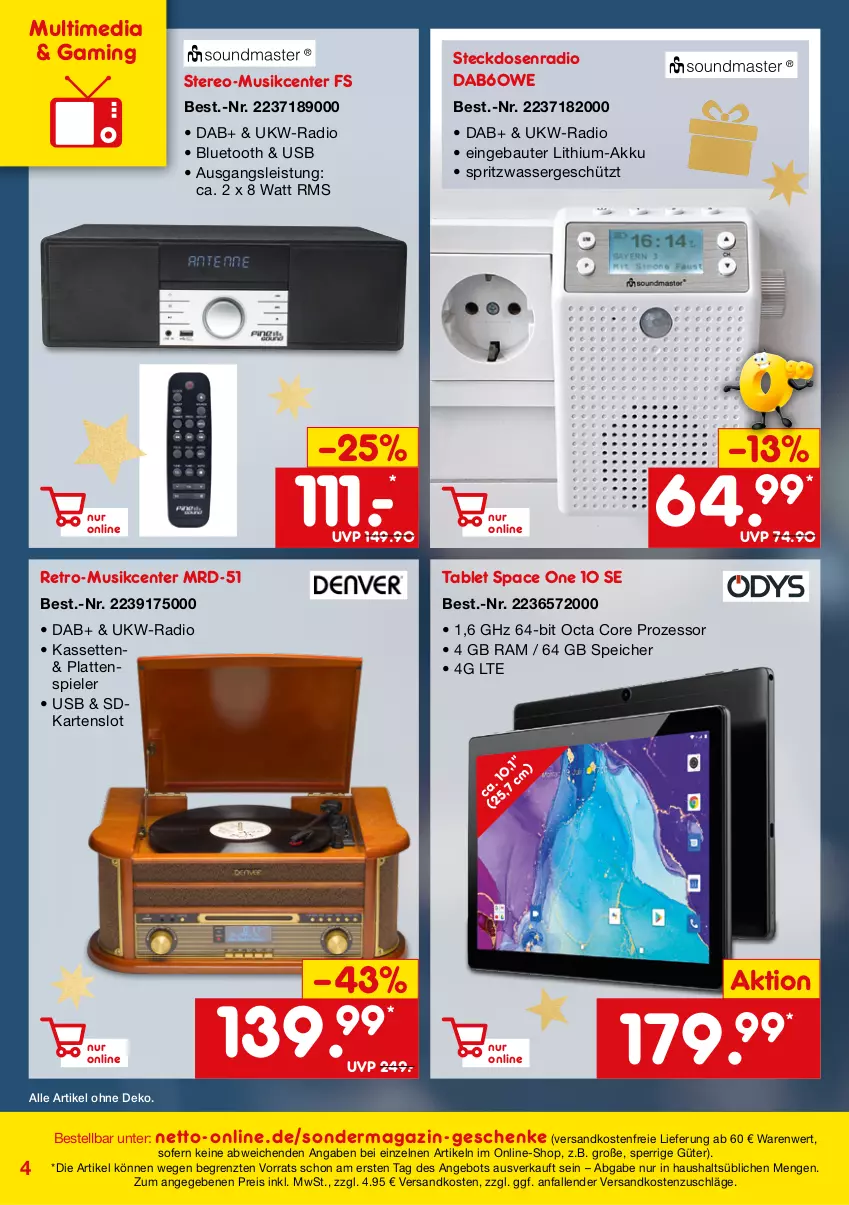 Aktueller Prospekt Netto Marken-Discount - Online-SondermagazinWinter - von 04.11 bis 31.12.2021 - strona 4 - produkty: akku, angebot, Bau, eis, ente, latte, magazin, ndk, Radio, reis, Spiele, steckdose, tablet, Ti, usb, versandkostenfrei, wasser, ZTE