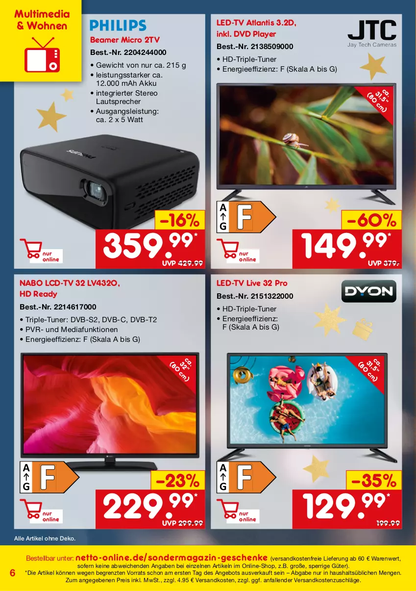 Aktueller Prospekt Netto Marken-Discount - Online-SondermagazinWinter - von 04.11 bis 31.12.2021 - strona 6 - produkty: akku, angebot, dvb, dvb-s2, DVB-T, dvd, eis, HD Ready, magazin, ndk, reis, Ti, tuner, versandkostenfrei, ZTE