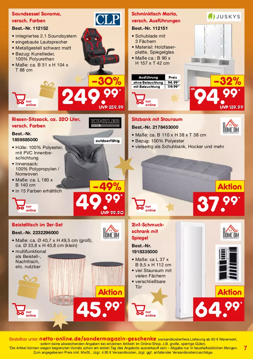 Aktueller Prospekt Netto Marken-Discount - Online-SondermagazinWinter - von 04.11 bis 31.12.2021 - strona 7 - produkty: angebot, arla, Bank, Bau, beistelltisch, beleuchtung, eis, hocker, Holz, latte, lautsprecher, LG, magazin, ndk, reis, Ria, sac, Schmuck, Schrank, sessel, sitzbank, spiegel, Ti, tisch, versandkostenfrei, ZTE