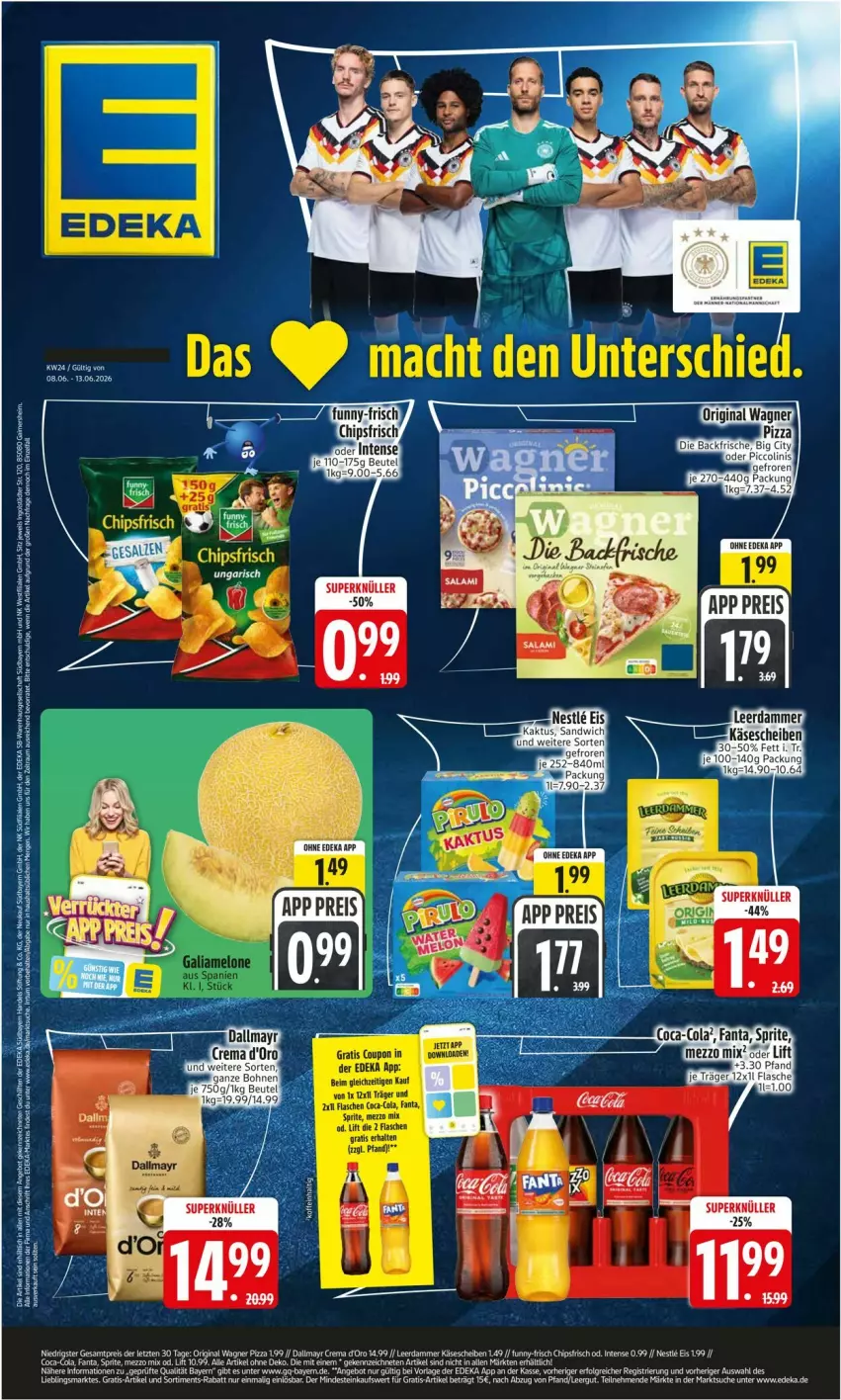 Aktueller Prospekt Edeka - Prospekte - von 08.06 bis 13.06.2026 - strona 1 - produkty: angebot, beutel, chips, chipsfrisch, cola, d'oro, dallmayr, deka, eis, fanta, gin, Käse, käsescheiben, leerdammer, Mezzo Mix, original wagner, pizza, reis, sandwich, sprite, Ti, wagner, ZTE