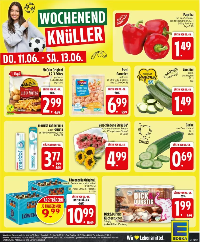 Aktueller Prospekt Edeka - Prospekte - von 08.06 bis 13.06.2026 - strona 25 - produkty: beutel, blume, blumen, creme, deka, escal, garnelen, gin, gurke, küche, Küchen, küchentücher, lebensmittel, mccain, meridol, paprika, paprika rot, Pfingstrosen, rosen, sonnenblume, sonnenblumen, Ti, tücher, zahncreme, zucchini