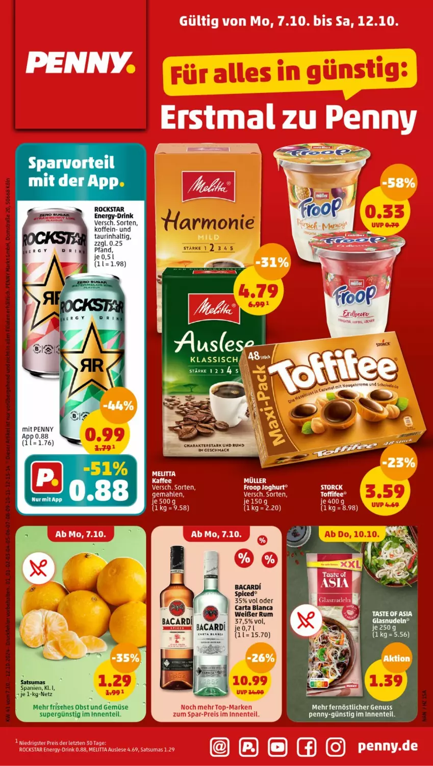 Aktueller Prospekt Penny - Prospekte - von 07.10 bis 12.10.2024 - strona 1 - produkty: bacardi, drink, eier, eis, ente, mac, nuss, obst, Obst und Gemüse, reis, Rockstar, Ti, und gemüse