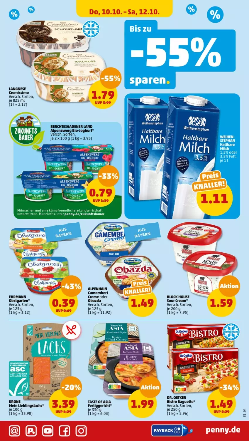 Aktueller Prospekt Penny - Prospekte - von 07.10 bis 12.10.2024 - strona 31 - produkty: Alpenhain, aqua, auer, baguette, Bau, Bauer, bio, bio-joghurt, Bistro Baguette, camembert, creme, cremissimo, Dr. Oetker, ehrmann, fertiggericht, Garten, joghur, joghurt, krone, lachs, langnese, langnese cremissimo, mac, obazda, obst, obstgarten, payback, sim, sour cream, Ti, vanille