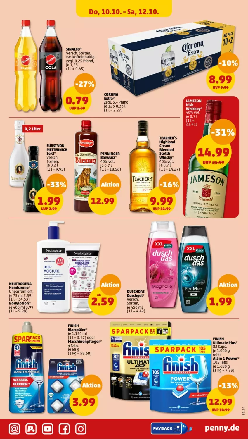 Aktueller Prospekt Penny - Prospekte - von 07.10 bis 12.10.2024 - strona 39 - produkty: body, bodylotion, Cap, corona, corona extra, creme, duschdas, duschgel, Finish, handcreme, klarspüler, Lotion, Maschinenpfleger, Mett, metternich, neutrogena, payback, scotch, sekt, sinalco, Ti, wasser, whisky