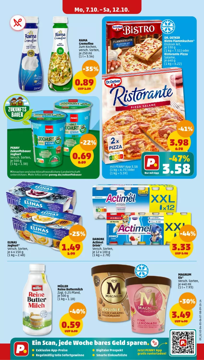 Aktueller Prospekt Penny - Prospekte - von 07.10 bis 12.10.2024 - strona 9 - produkty: actimel, auer, Bau, Bauer, butter, buttermilch, chia, creme, danone, drink, eis, elsässer art, flammkuchen, joghur, joghurt, kuchen, lamm, lion, mac, magnum, milch, Müller, pizza, rama, reine buttermilch, reis, ristorante, ristorante pizza, Ti, vanille