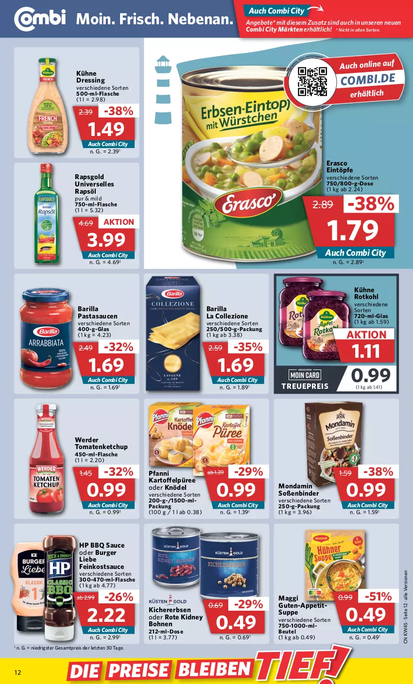 Aktueller Prospekt Combi - Prospekte - von 07.11 bis 12.11.2022 - strona 12 - produkty: angebot, angebote, barilla, beutel, bohne, bohnen, burger, dressing, eintöpfe, eis, elle, erasco, erbsen, erde, feinkost, flasche, HP, kartoffel, Kartoffelpüree, ketchup, kichererbsen, kidney, kidney bohnen, Knödel, Kühne, maggi, mondamin, pasta, pfanni, püree, rapsöl, reis, rotkohl, sauce, saucen, Soße, suppe, Ti, tomate, tomaten, tomatenketchup, ZTE