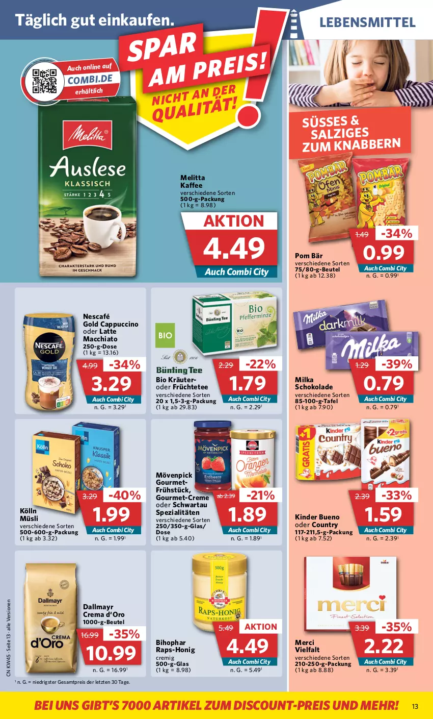 Aktueller Prospekt Combi - Prospekte - von 07.11 bis 12.11.2022 - strona 13 - produkty: ACC, beutel, bihophar, bio, Cap, cappuccino, chia, cin, creme, dallmayr, discount, eis, früchte, Früchtetee, honig, kaffee, Kinder, kinder bueno, kölln, kräuter, latte, latte macchiato, lebensmittel, mac, macchiato, melitta, merci, milka, milka schokolade, mövenpick, müsli, Nescafé, nescafé gold, reis, salz, schoko, schokolade, Schwartau, Spezi, tee, Ti, ZTE