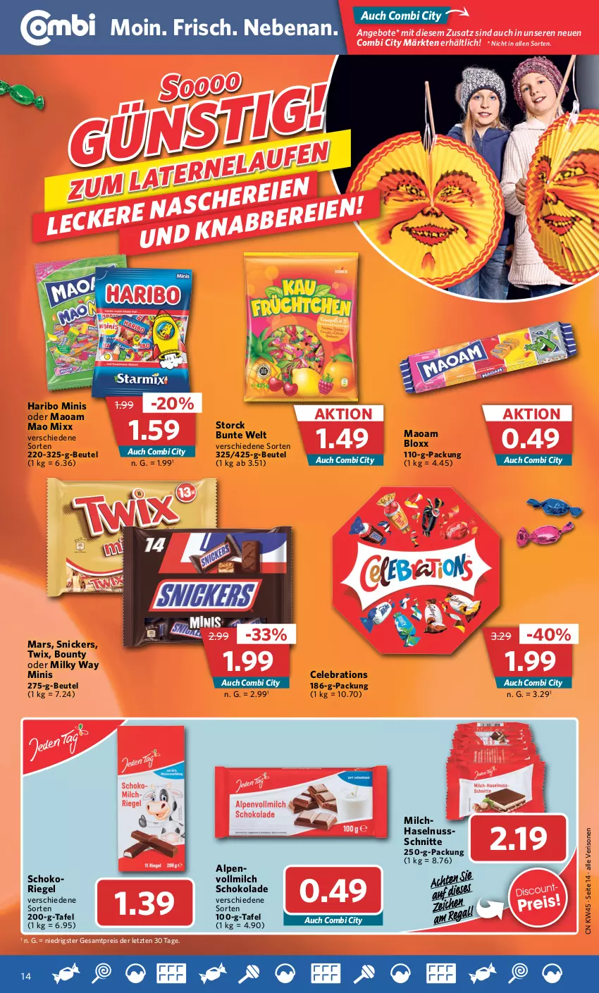 Aktueller Prospekt Combi - Prospekte - von 07.11 bis 12.11.2022 - strona 14 - produkty: angebot, angebote, beutel, bounty, eis, haribo, haselnuss, maoam, mars, milch, milky way, nuss, reis, riegel, schoko, schokolade, schokoriegel, snickers, storck, Ti, twix, vollmilch, ZTE