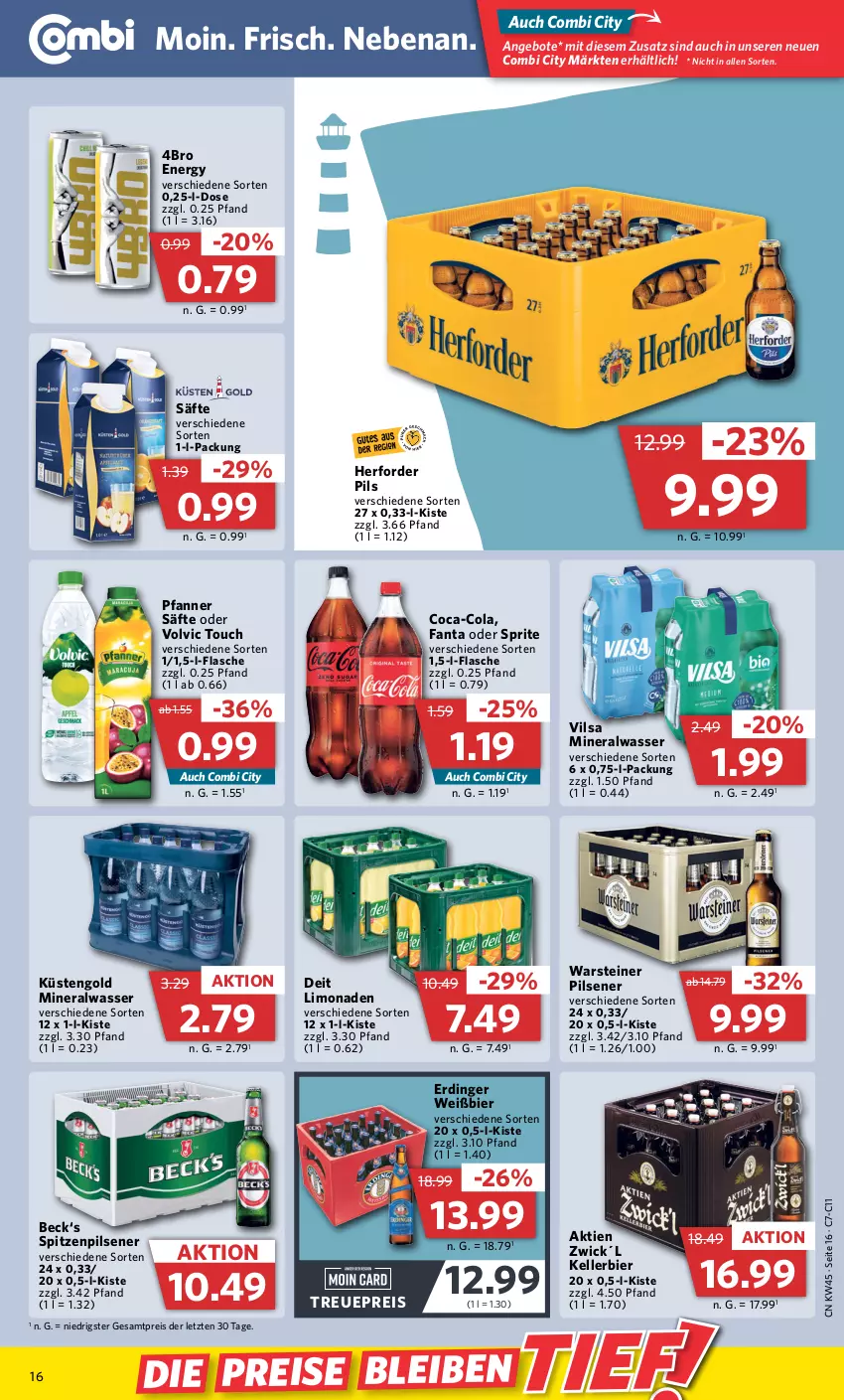 Aktueller Prospekt Combi - Prospekte - von 07.11 bis 12.11.2022 - strona 16 - produkty: Alwa, angebot, angebote, bier, coca-cola, cola, deit, eis, elle, erdinger, fanta, fanta oder, fanta oder sprite, flasche, kellerbier, küstengold, limo, limonade, limonaden, mineralwasser, oder sprite, pfanne, Pfanner, pils, pilsener, reis, säfte, sprite, steiner, Ti, vilsa, volvic, warsteiner, wasser, WICK, ZTE