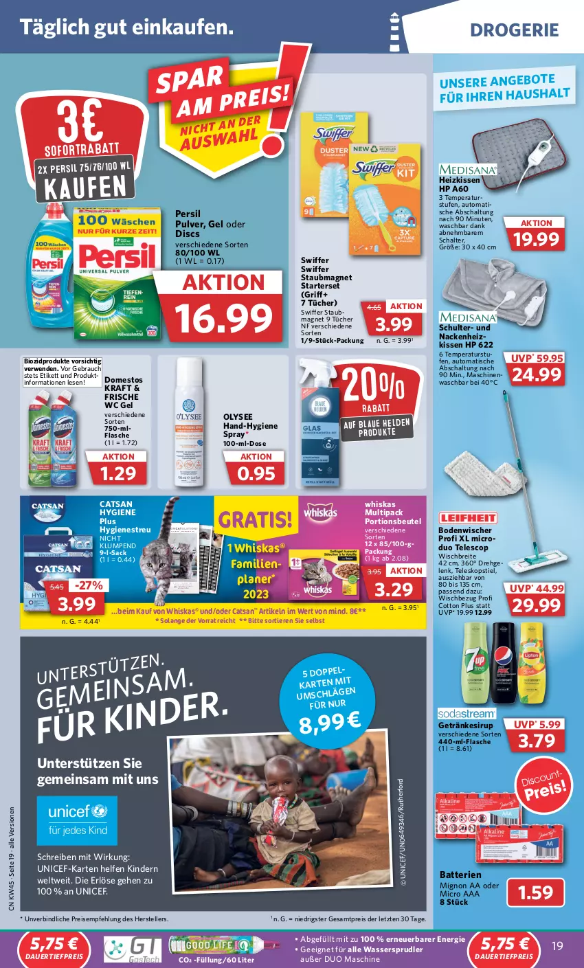 Aktueller Prospekt Combi - Prospekte - von 07.11 bis 12.11.2022 - strona 19 - produkty: angebot, angebote, auer, auto, batterie, batterien, bett, beutel, bio, biozidprodukte, bodenwischer, Brei, catsan, dauertiefpreis, domestos, eis, elle, Familienplaner, flasche, getränk, getränke, getränkesirup, Heizkissen, HP, Kinder, kissen, kraft, ndk, persil, portionsbeutel, pril, Rauch, reis, rwe, sac, Schal, sirup, sofortrabatt, staubmagnet, swiffer, Teleskop, teleskopstiel, teller, Ti, tiefpreis, Tiere, tisch, tücher, wasser, wassersprudler, whiskas, ZTE